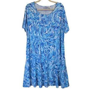 Susan Graver Women Blue Swirl Short Sleeve Dress Plus Size 1X‎ Petite Resortwear